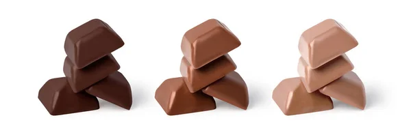 Svart Brun Och Mjölk Choklad Bitar Isolerade Vit Bakgrund Med — Stockfoto