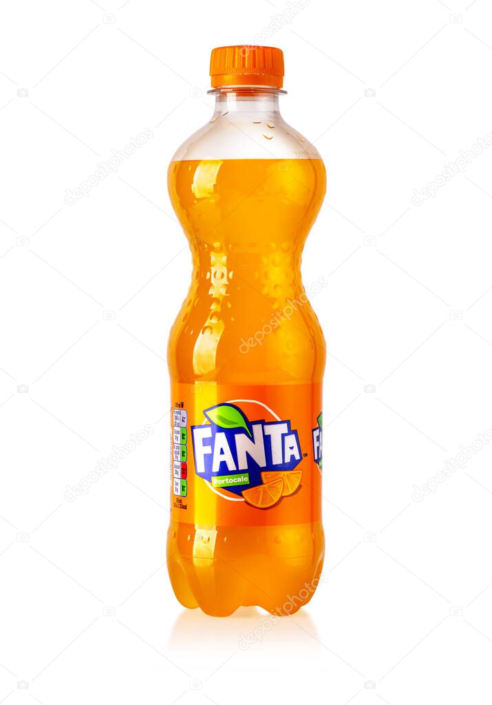 Chisinau, Moldova -April 26, 2020: Bottle of orange Fanta drink made by Coca Cola company isolated on white background.With clipping path
