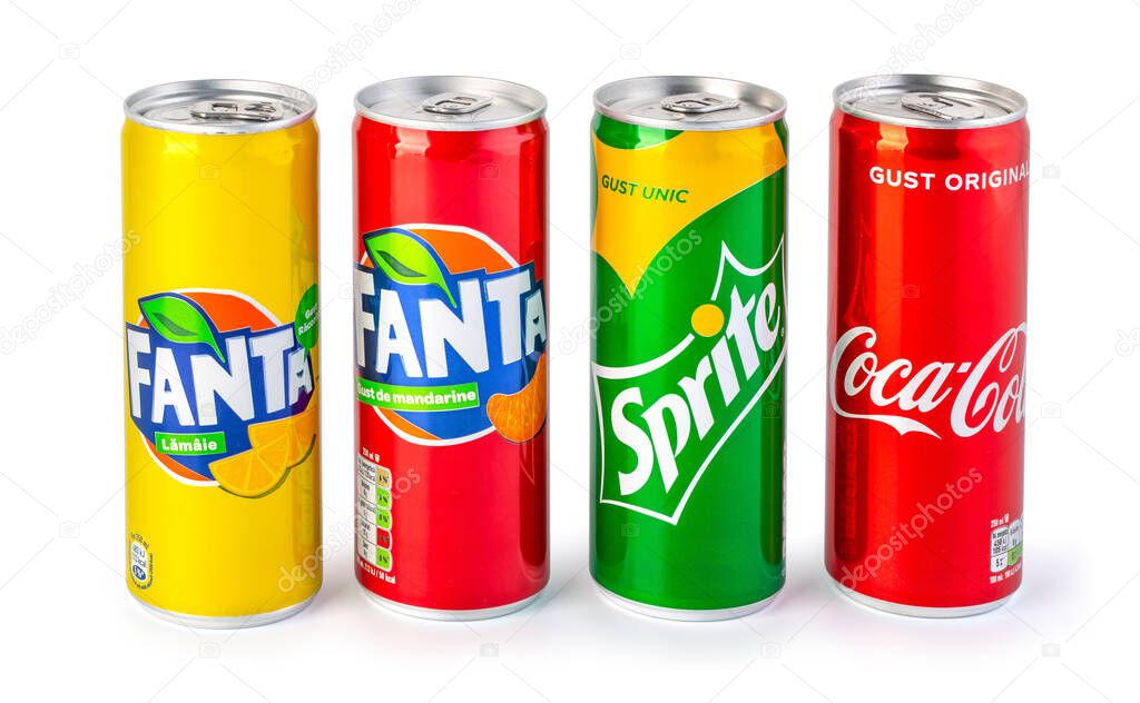 CHISINAU, MOLDOVA - April 27, 2020:  Coca-Cola, Fanta and Sprite cans on white background. TWith clipping path