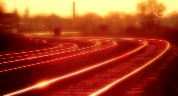 Solnedgången järnvägsspåren — Stockfoto