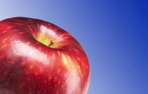 Lesklé červené jablko na modrém pozadí — Stock fotografie