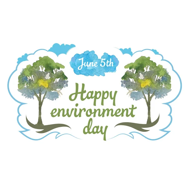 Feliz dia do ambiente. 5 de Junho. aquarela árvores e nuvem — Fotografia de Stock