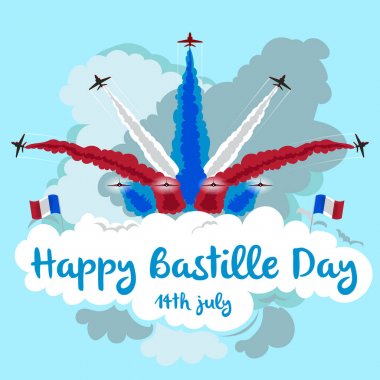 Kopya alanı ile oluşumunda uçan jetleri Illustration. Mutlu Bastille günü.