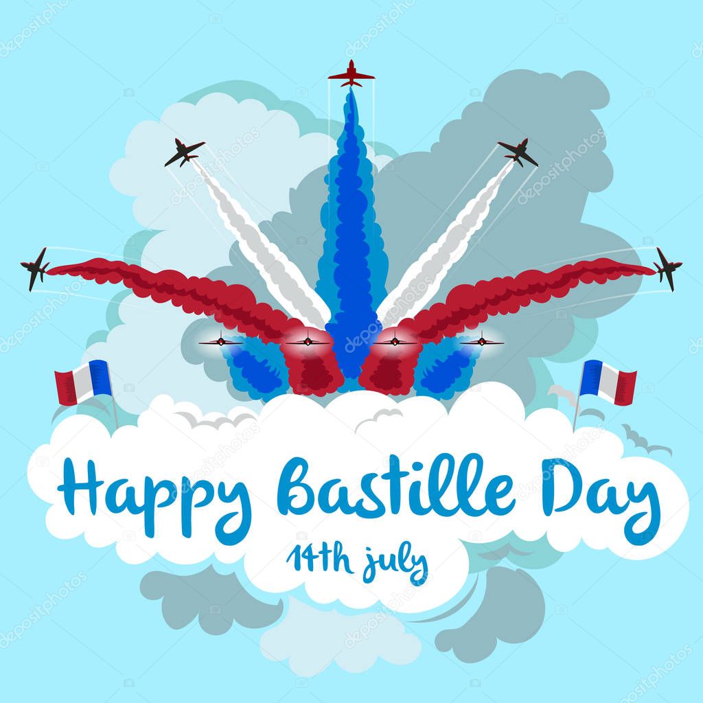 Illustration of jets flying in formation with copy space. Happy Bastille day.