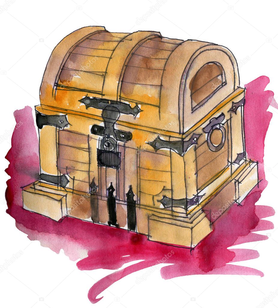 watercolor sketch of wooden chest on white background