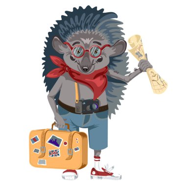 Kirpi turisti. Bir bavulun üzerinde oturuyor. Beyaz arkaplanda vektör illüstrasyonu.