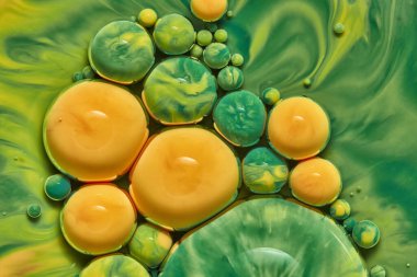 Renkli akrilik kabarcıklar. Soyut mürekkep tasarımı şablonu karışık doku arkaplanı. Sıvı renk arka planı. Duvar kağıdı deseni. Yağ posteri. Tasarım şablonu. Akışkan sanat. Yeşil.