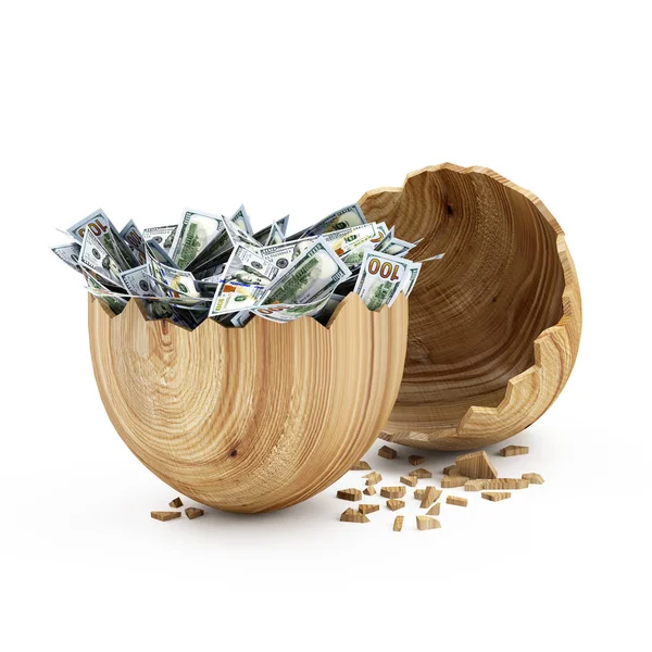 Zerbrochenes großes Holzei mit Dollars — Stockfoto