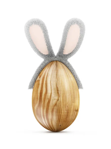 Wooden egg with furry bunny ears — Stock Photo, Image