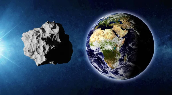 地球与太阳升起和小行星 — 图库照片