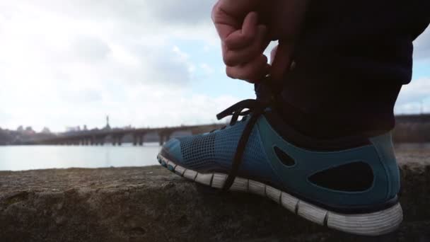 Close-up View of Athlete Man Tying Shoelaces — Stock Video