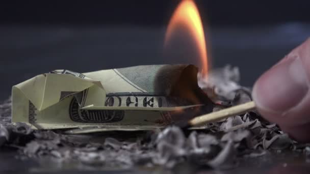 Detail pohledu peněz v ohni. — Stock video