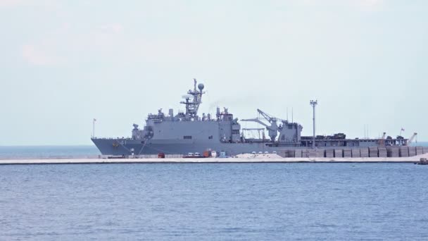 4K Military Ship in the Sea Port. — Stock Video