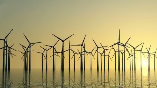 Les éoliennes modernes dans la mer au coucher du soleil . — Video