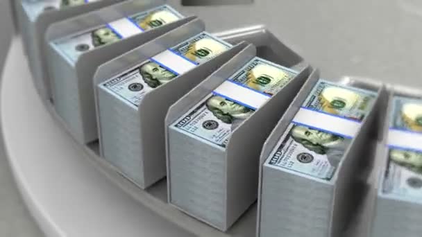 Nieuwe 100 dollarbiljetten op een transportband — Stockvideo