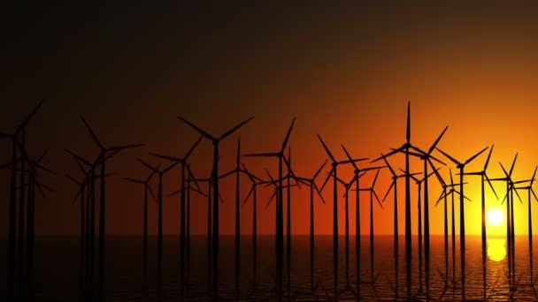 Moderna Vindkraftverk i havet vid solnedgången. — Stockvideo