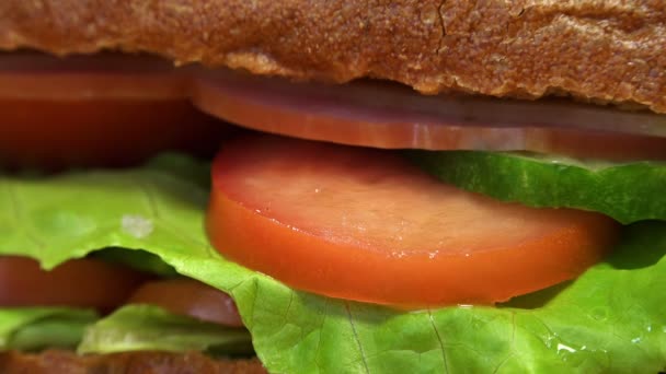 Delicioso sándwich de pan de centeno con tomates — Vídeos de Stock