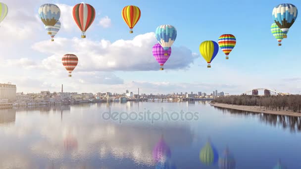 Heißluftballons über der Stadt — Stockvideo