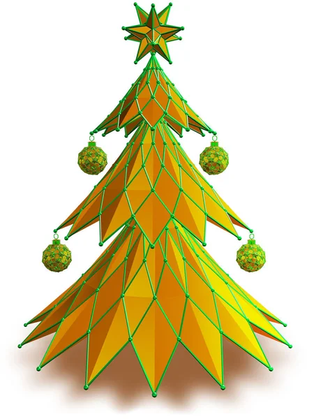 Abstract 3d rendering of  polygonal Christmas tree and balls yel — Stock Photo, Image