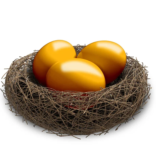 Ilustración 3D de nido con huevos de oro aislados . —  Fotos de Stock