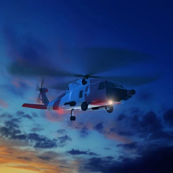 3D Illustration des Helikopters der Küstenwache am Himmel bei Sonnenuntergang. — Stockfoto