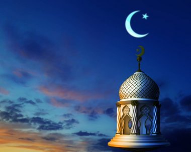 Hilal mo ile gece gökyüzünde soyut Camii 3D çizimi