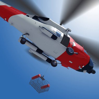 s helikopterle kurtarma sepetten düşürücü 3d çizim