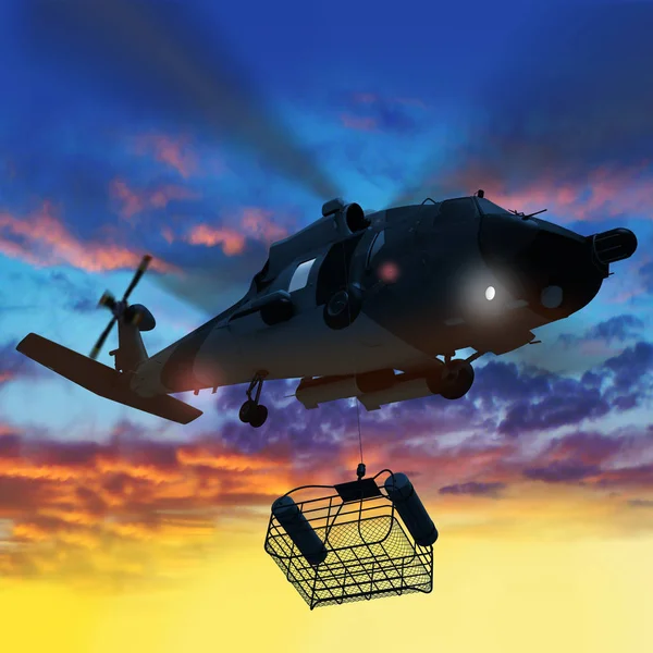 3d illustration of Coast guard helicopter lowering a rescue bask — Stock Photo, Image