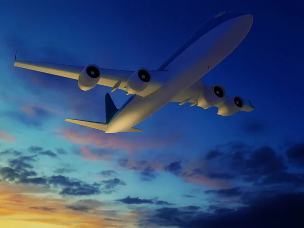 3D illustration av flygplan som flyger i solnedgång sky. — Stockfoto