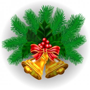 Arka plan ile geleneksel yeşil dekor ve Noel çanları.