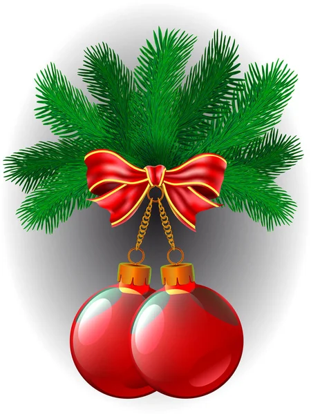 Two of red Christmas balls and bow are hanging on a branch of ch — Stock Vector