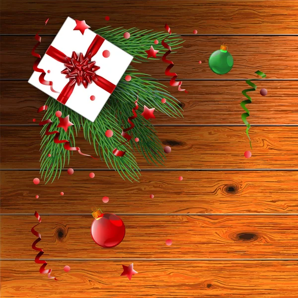Рождественский фон с ветвями елки, шарами, деревом и подарками — стоковый вектор