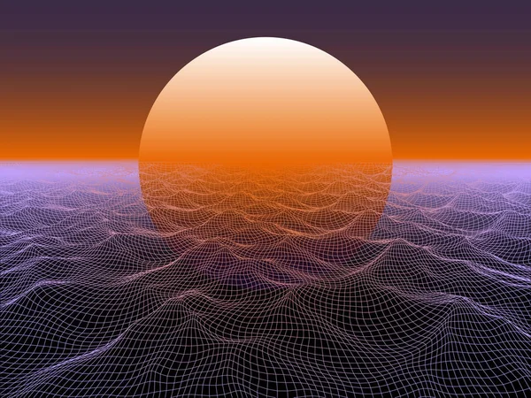 Abstract water 3d surface with sphere sun on horizon. Technology — Stock Vector