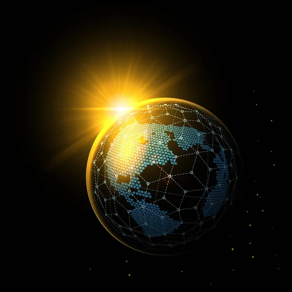 Rede global conecta a terra com o nascer do sol. Rede global . — Vetor de Stock