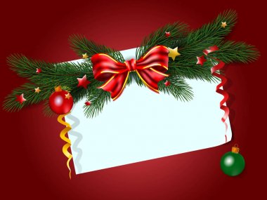 Noel çam dalları, yay ve kağıt beyaz arka plan. Vektör çizim.