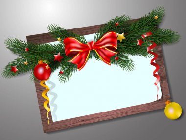 Çam dalları, topları ve ahşap ile Noel kartı. Vektör çizim.