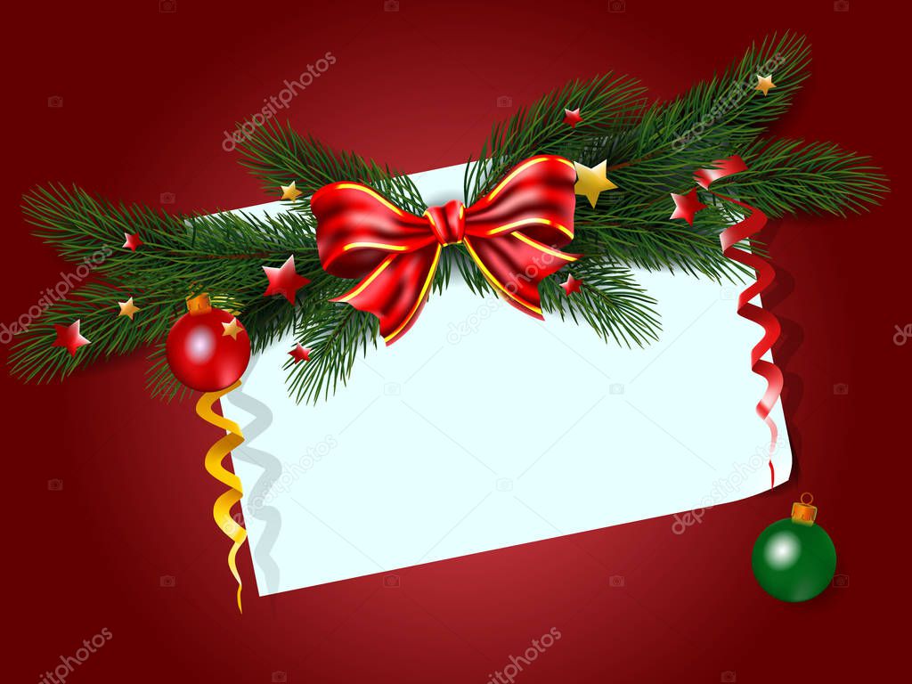 Christmas background with fir branches, bow and paper white . Vector illustration.