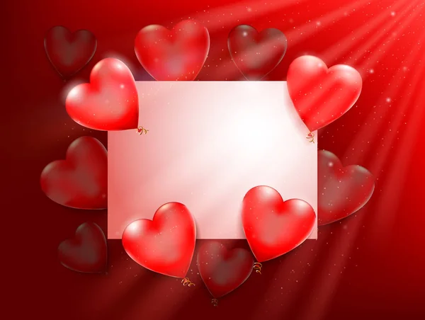 Ballonnen hart. Vakantie illustratie vliegen rode ballonnen hart, papier banner en deeltjes. Valentijnsdag. — Stockvector