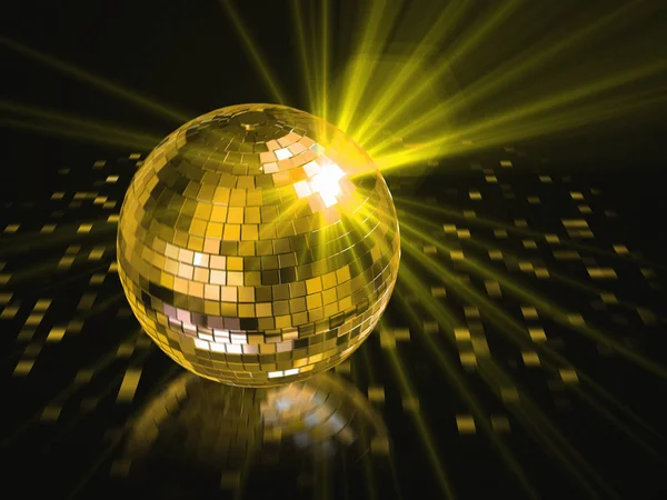 3d render illustration golden disco ball with rays on floor, nig — Stock Photo, Image