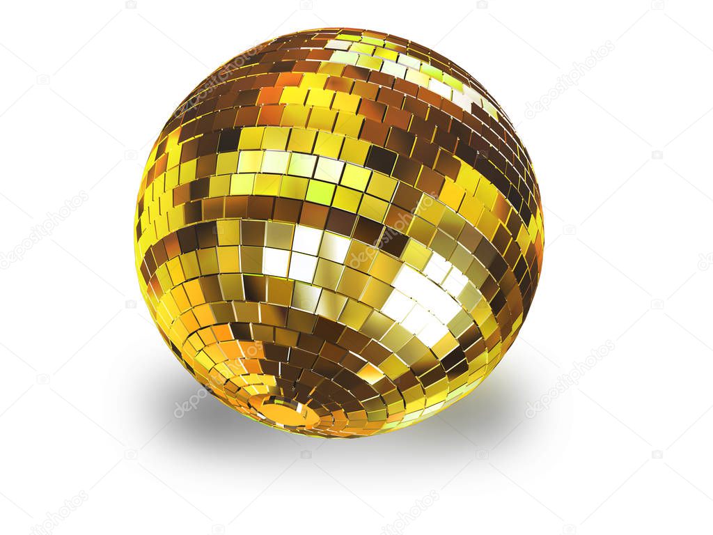 Render 3d illustration of golden disco ball isolated on white ba