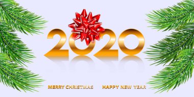 2020 yılı. - Mutlu yıllar. Beyaz arka plan köknar dalları ve yay. - Evet.