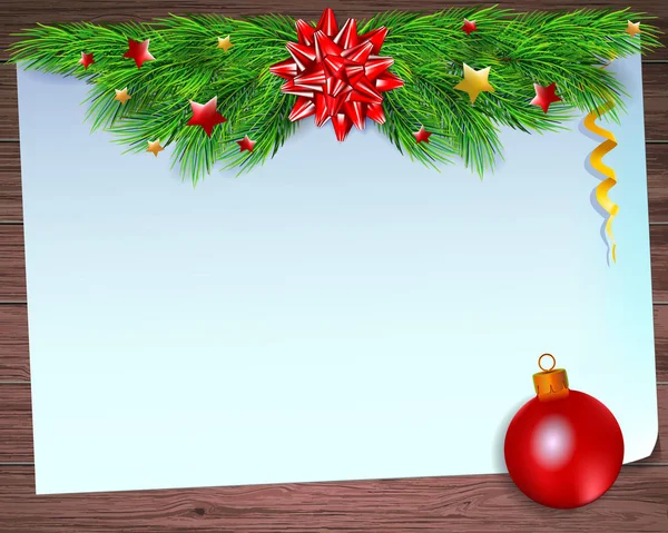 Рождественская открытка с пустой бумагой и еловыми ветвями на деревянном бэкге — стоковый вектор