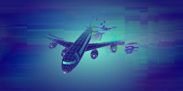 Abstract airplane background from lines and glitch. Outline wire — 图库照片