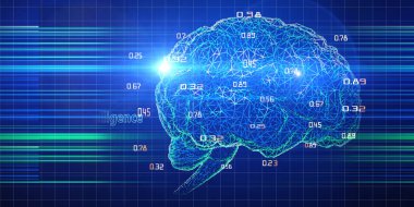 Yapay zeka. Kablo beyinli ve kodlu soyut bir arka plan. Bilim ve Teknoloji fütüristik kavramı.