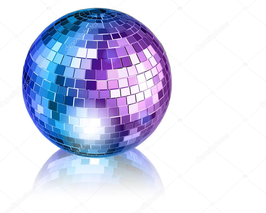 Disco ball abstract background. Color disco ball and reflection on white.