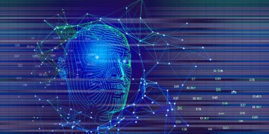 Karanlıkta bulanık çizgileri olan 3D ızgara başlığının teknolojik arka planı. İş ve bilim için yapay zeka kavramı. Al!.