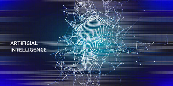 Abstract background AI with  3d wireframe face.   Artificial intelligence concept with blurred lines. Abstract digital grid human face. 