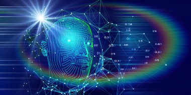 Bulanık çizgiler ve lens efektleriyle üç boyutlu kablo kafasının teknolojik arka planı. Al. İş ve bilim için yapay zeka kavramı. 