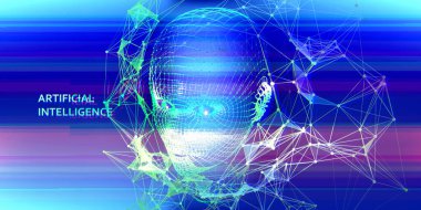 Teknoloji arızası, mavi şebekeye bağlı renk arkaplanı. Al. Gelecekçi yapay zeka sunumu. Bilgisayar iletişim teknolojisi.