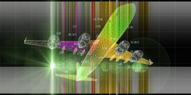 Siyah zemin üzerinde bulanık çizgileri olan soyut fütüristik 3d ızgara uçak. Lens efektli tel çerçeve analitik düzlem konsepti. Büyük veri. Seyahat, turizm ve ulaşım afişi.